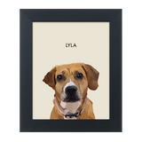 Black framed 'Lyla' dog illustration on a beige-colored background.