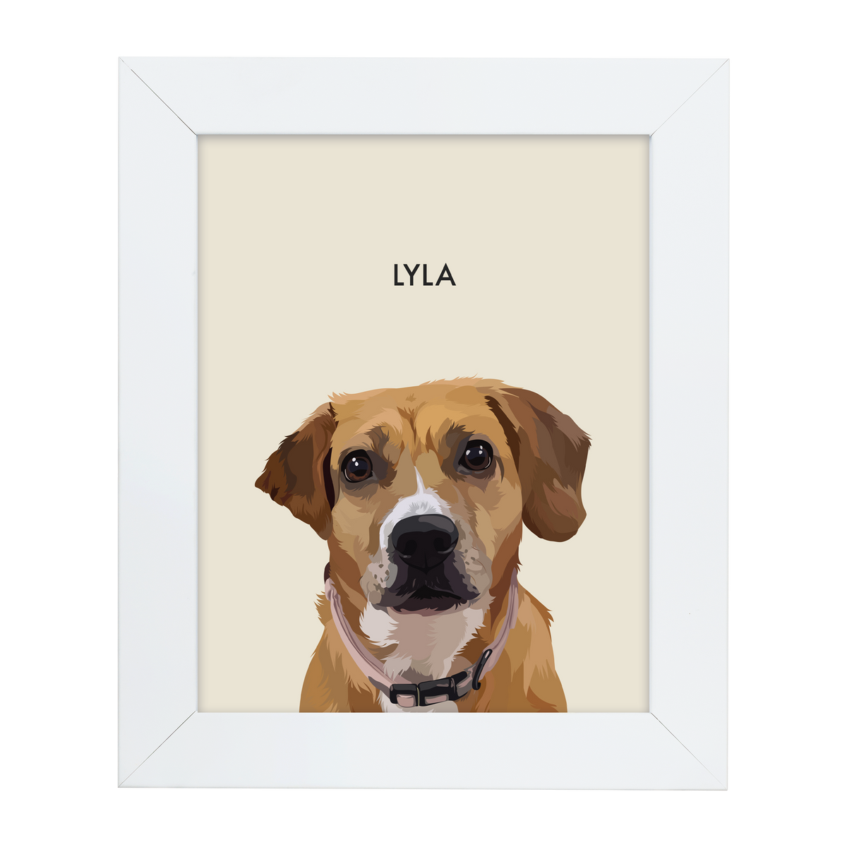 White framed 'Lyla' dog illustration on a cream-colored background.