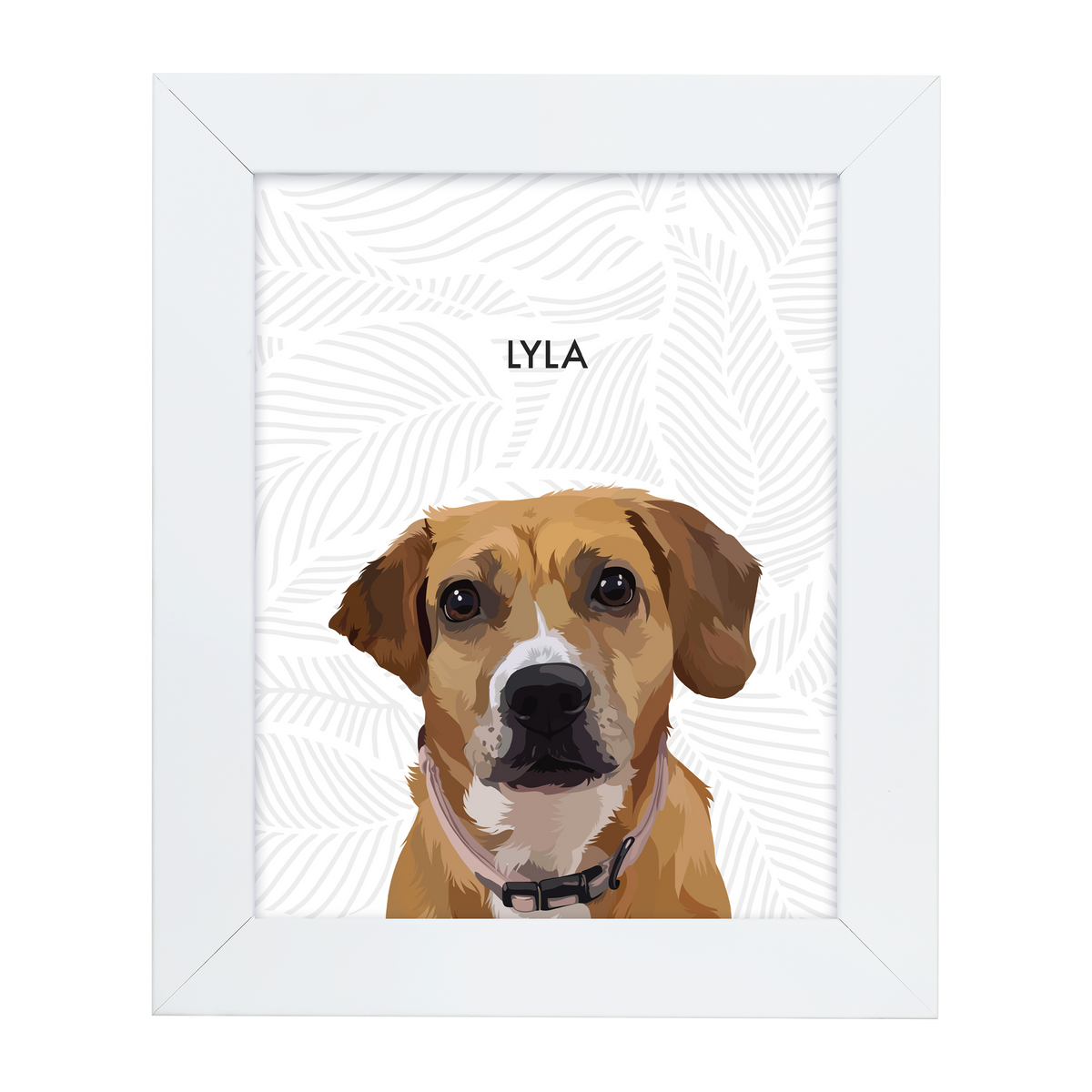 White framed 'Lyla' dog illustration on a gray leaves background.
