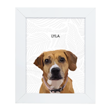 White framed 'Lyla' dog illustration on a gray leaves background.