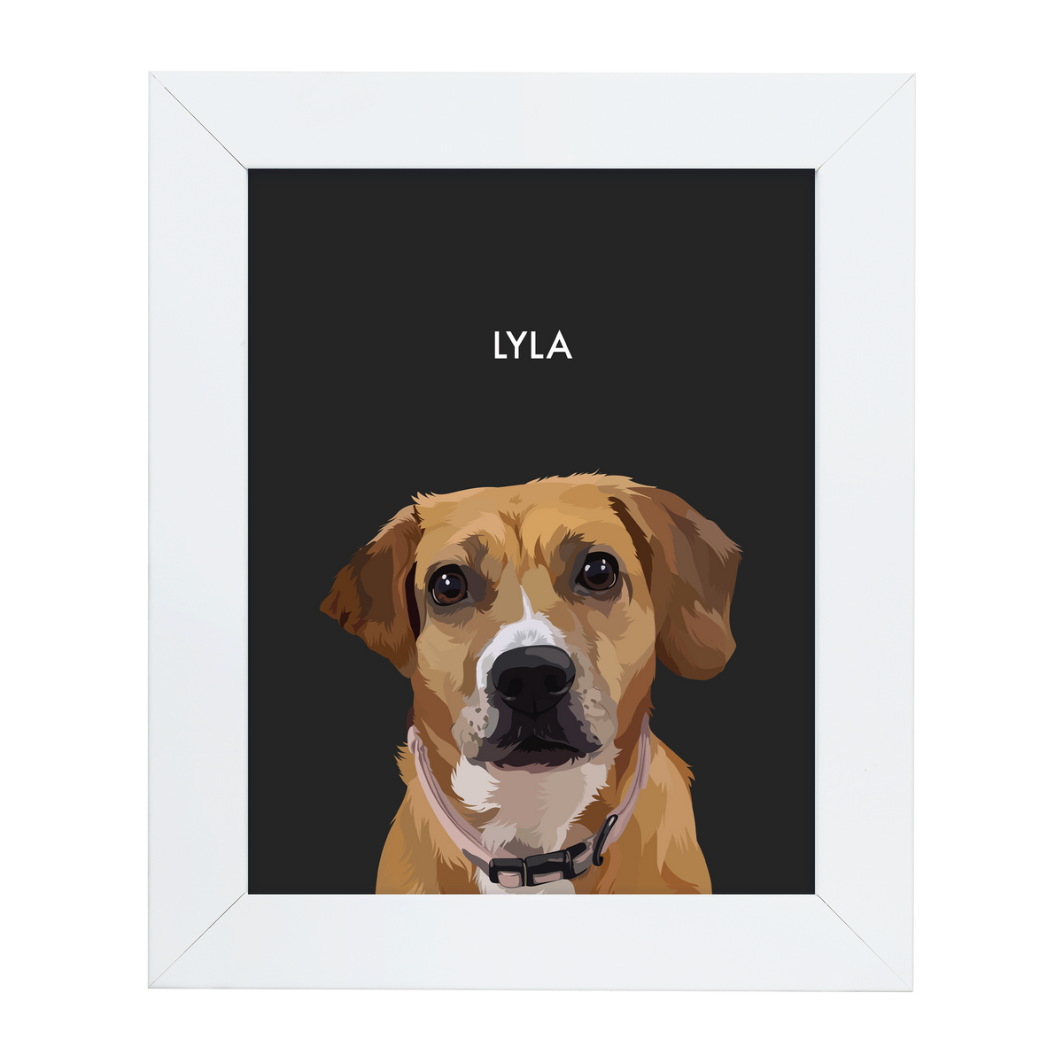 White framed 'Lyla' dog illustration on a black-colored background.