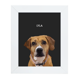 White framed 'Lyla' dog illustration on a black-colored background.