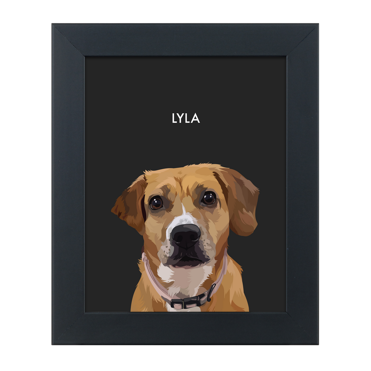 Black framed 'Lyla' dog illustration on a dark gray colored background.