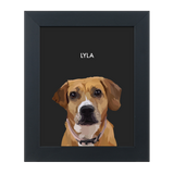 Black framed 'Lyla' dog illustration on a dark gray colored background.