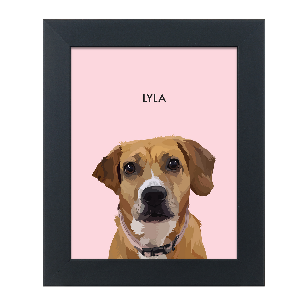 Black framed 'Lyla' dog illustration on a pink-colored background.