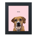 Black framed 'Lyla' dog illustration on a pink-colored background.