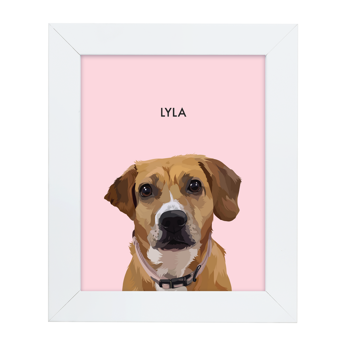 White framed 'Lyla' dog illustration on a pink-colored background.