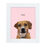 White framed 'Lyla' dog illustration on a pink-colored background.