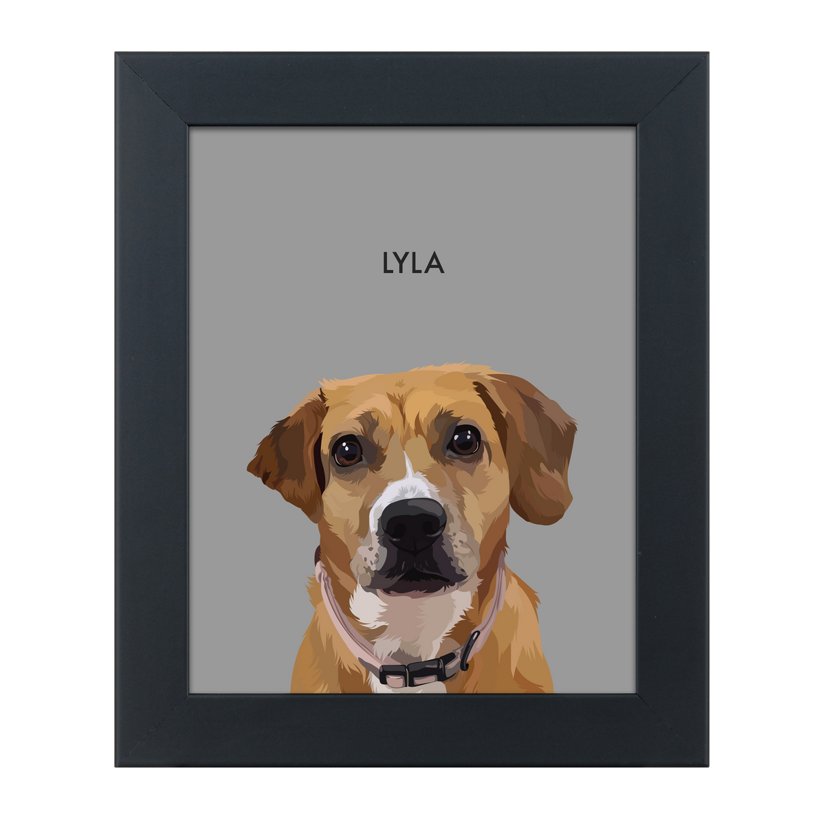 Black framed 'Lyla' dog illustration on a gray-colored background.