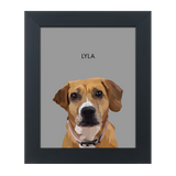 Black framed 'Lyla' dog illustration on a gray-colored background.