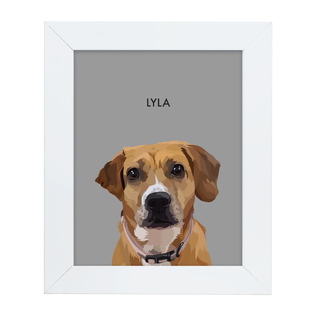 White framed 'Lyla' dog illustration on a gray-colored background.