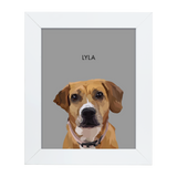 White framed 'Lyla' dog illustration on a gray-colored background.