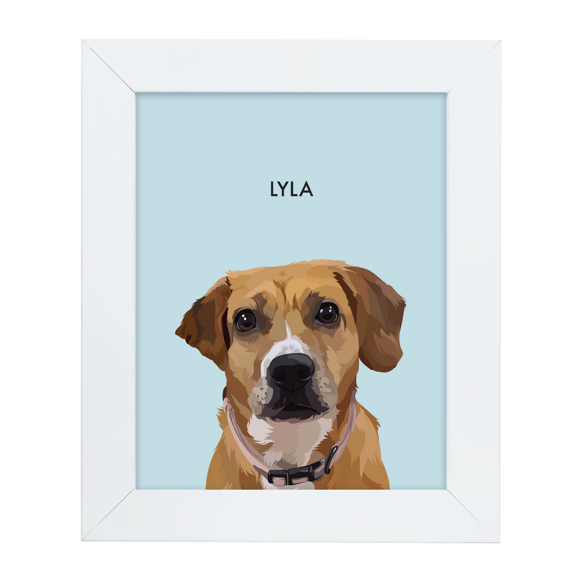 White framed 'Lyla' dog illustration on a blue-colored background.