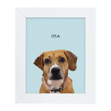 White framed 'Lyla' dog illustration on a blue-colored background.