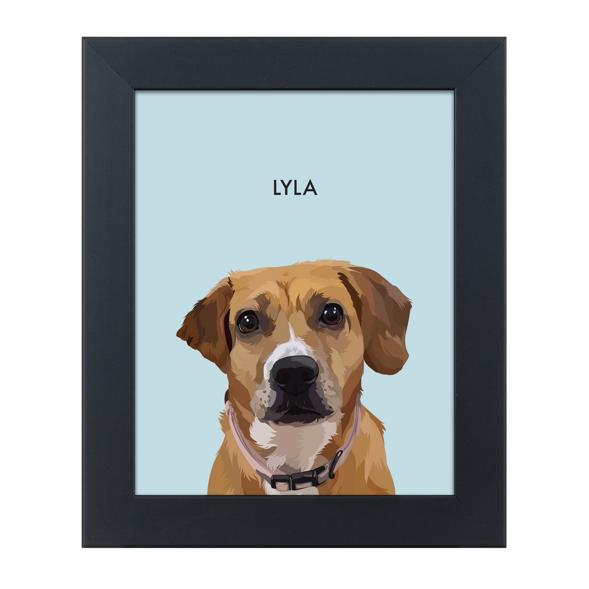 Black framed 'Lyla' dog illustration on a blue-colored background.