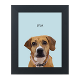 Black framed 'Lyla' dog illustration on a blue-colored background.
