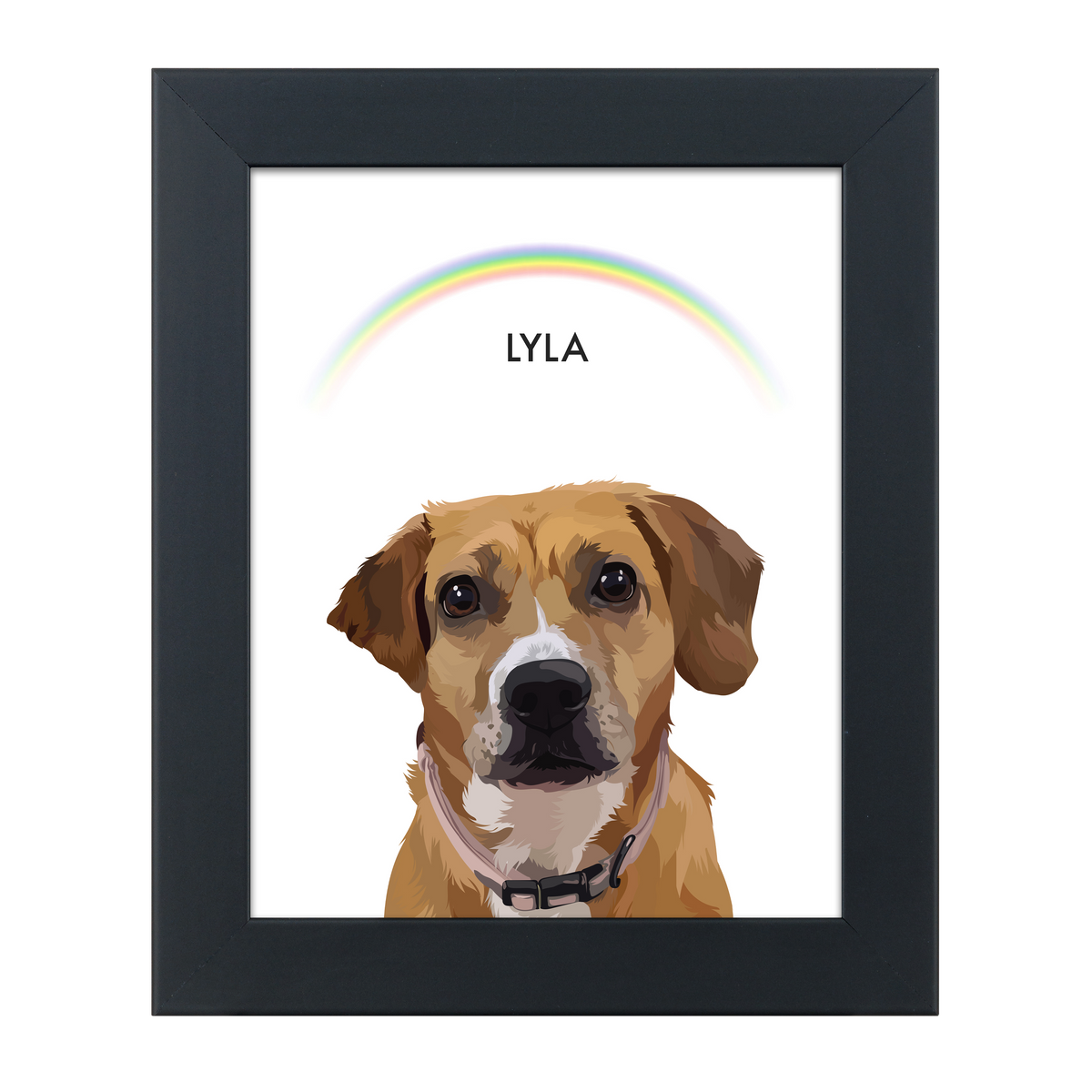 Black framed 'Lyla' dog illustration on a rainbow on white background.