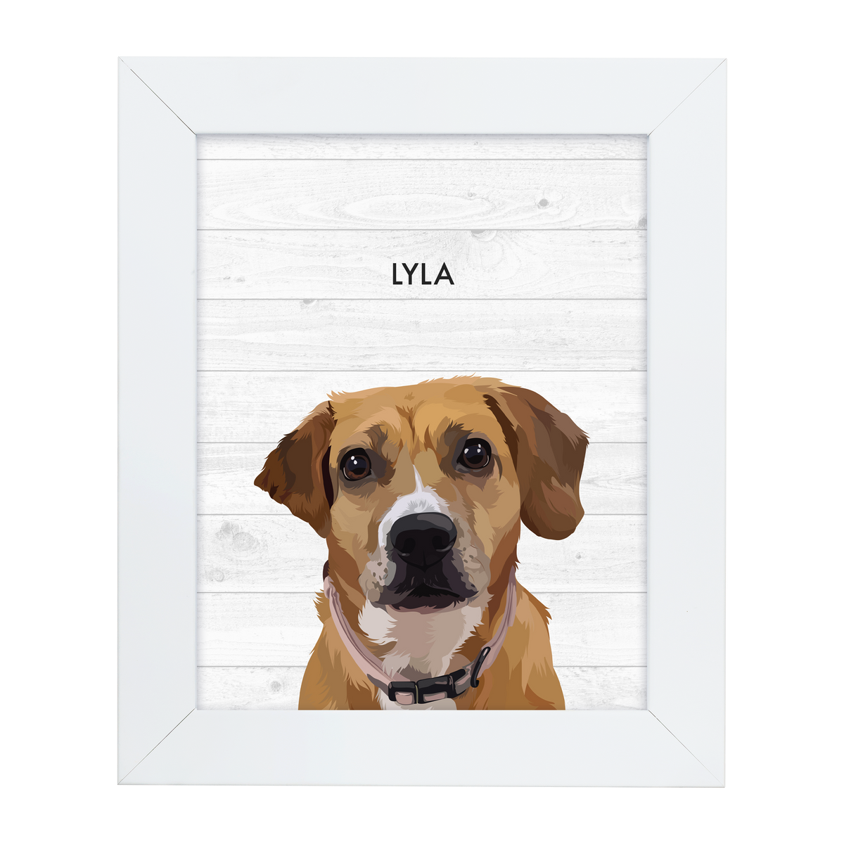 White framed 'Lyla' dog illustration on a white wood background.