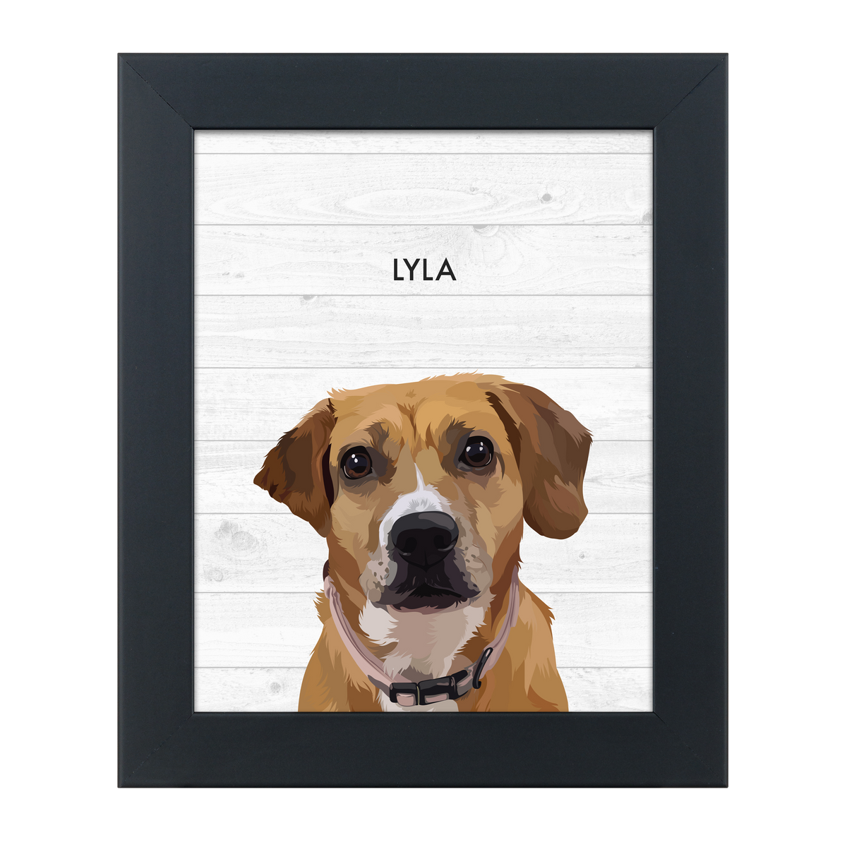 Black framed 'Lyla' dog illustration on a white wood background.