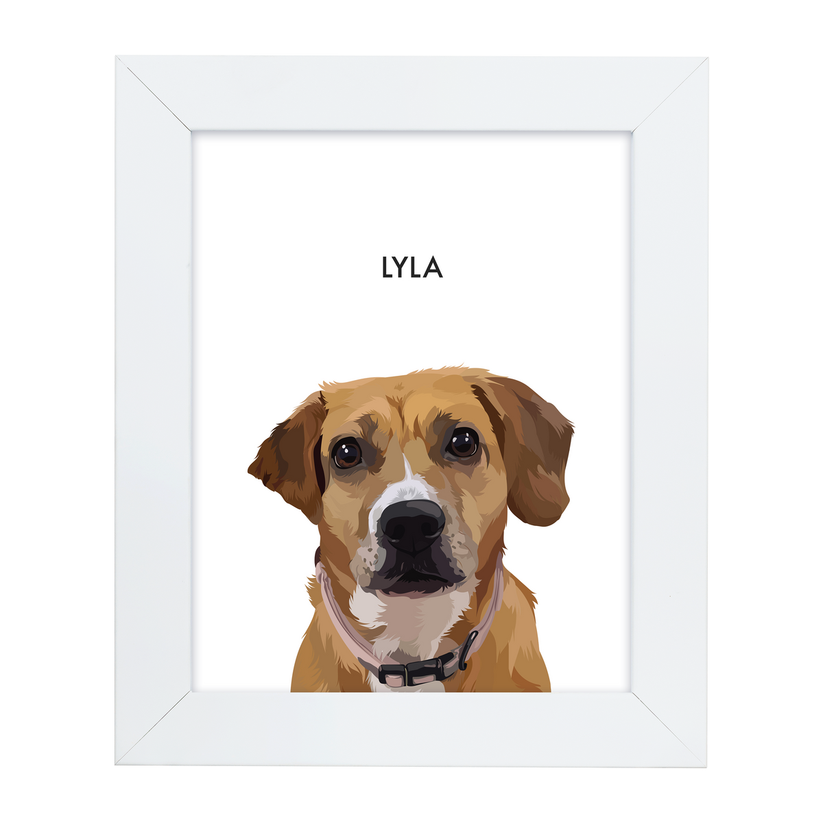Framed custom illustration of a tan dog named 'Lyla' in a white frame.