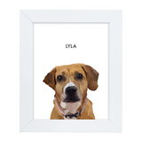 Framed custom illustration of a tan dog named 'Lyla' in a white frame.