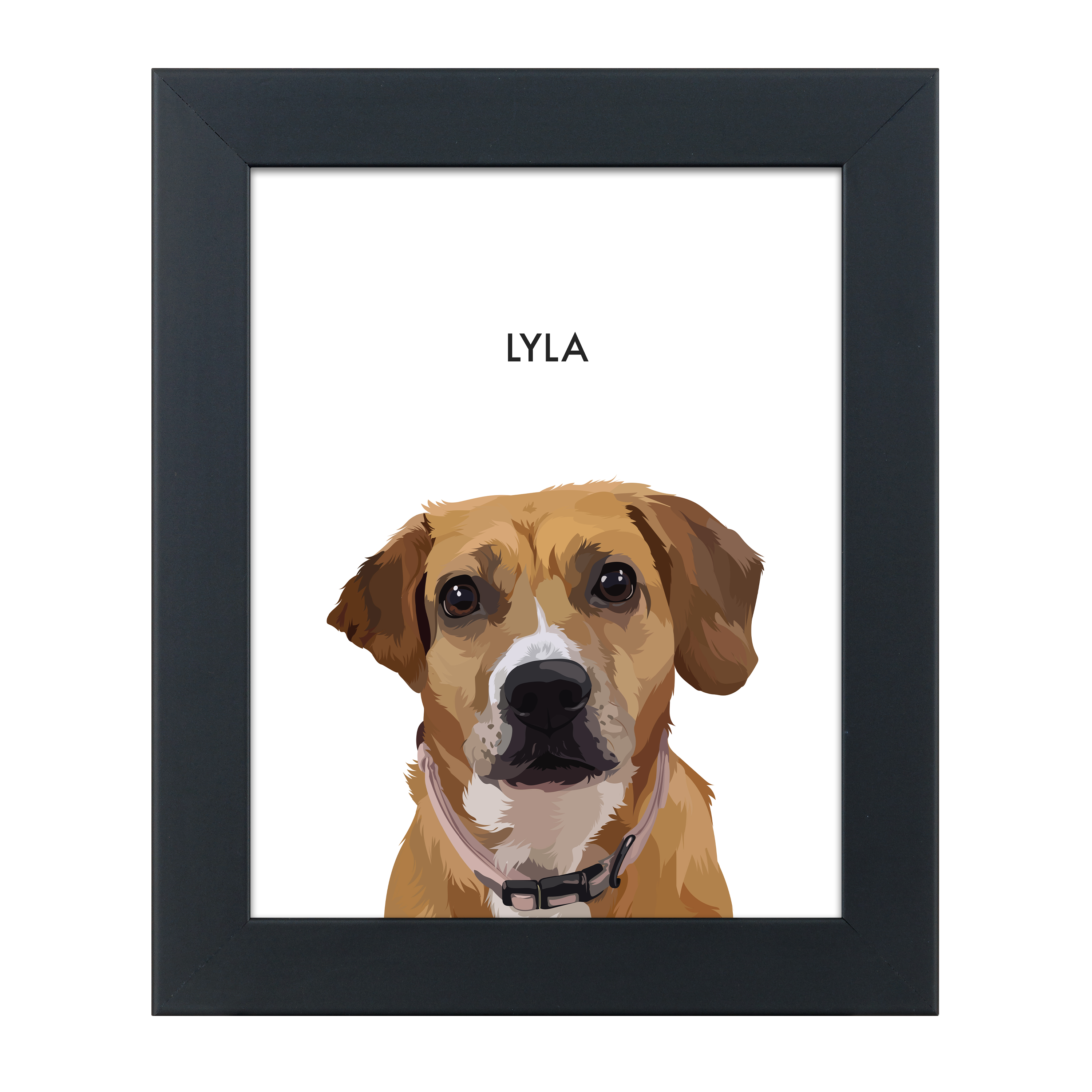A custom memorial portrait of a pet dog named Lyla, depicted in a framed illustration. White8"x10"GalleryPaperFrameBlack