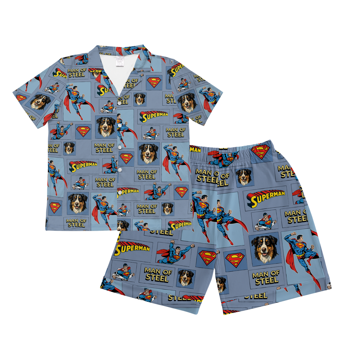 Superman pajama set with dog patterns on a white background[ManOfSteelComicBook]
