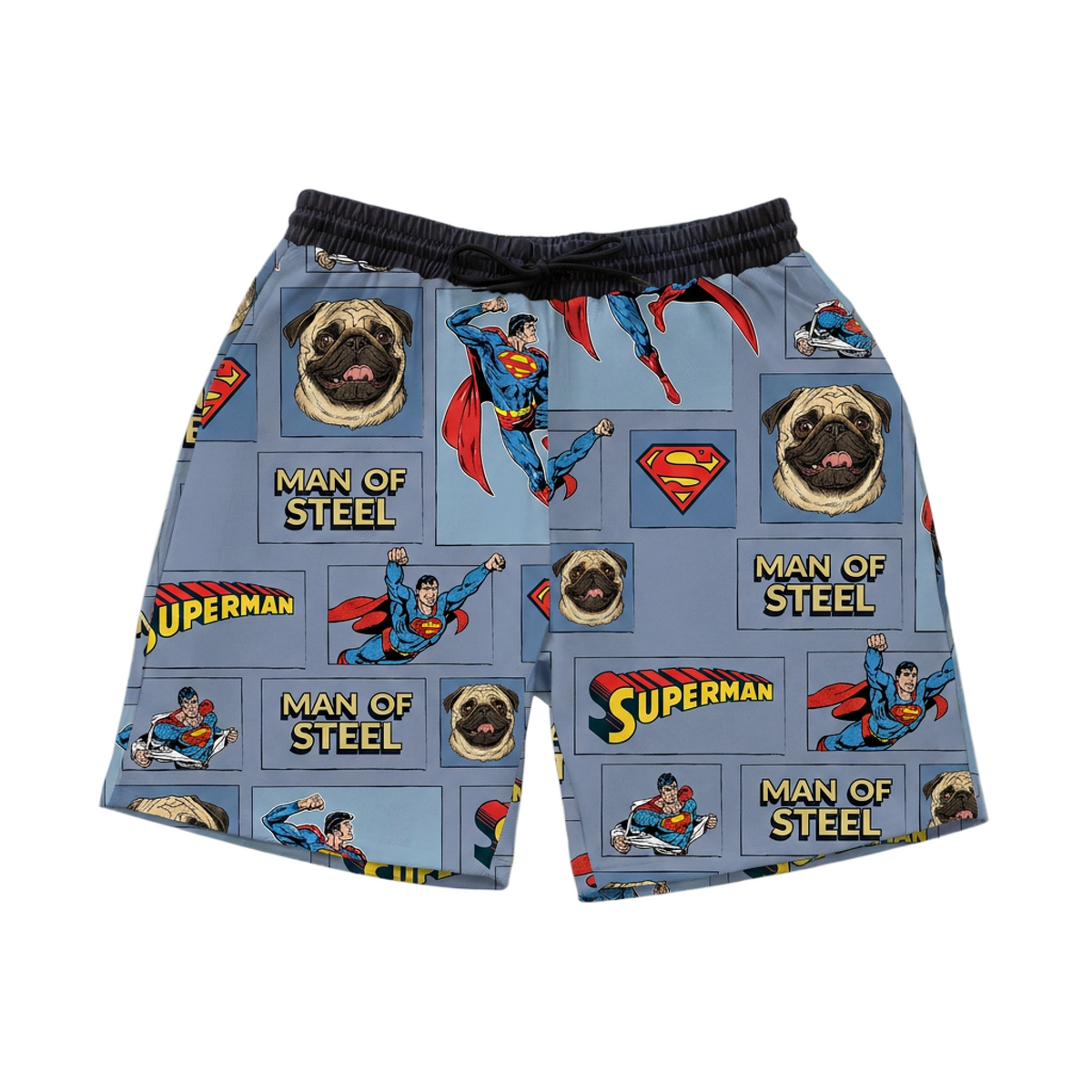 Superman-themed shorts with character and logo patterns on a blue background[ManOfSteelComicBookSweatshorts]