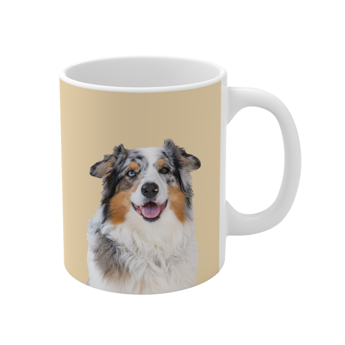 Mug with a dog's face printed on a beige background