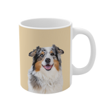 Mug with a dog's face printed on a beige background