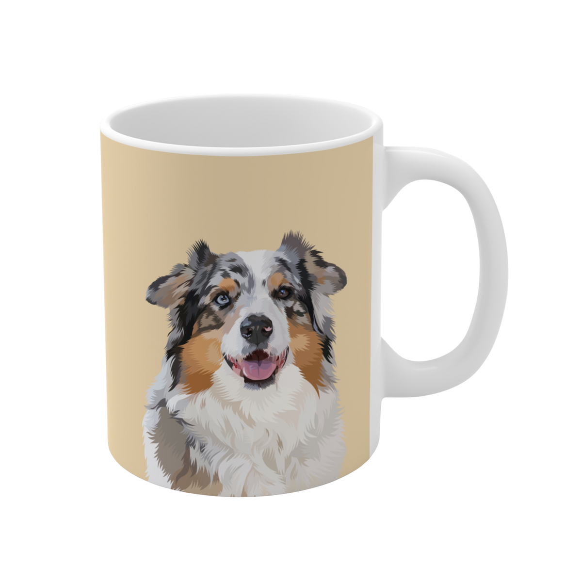 Mug with a colorful dog illustration on a beige background