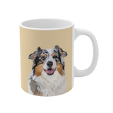 Mug with a colorful dog illustration on a beige background