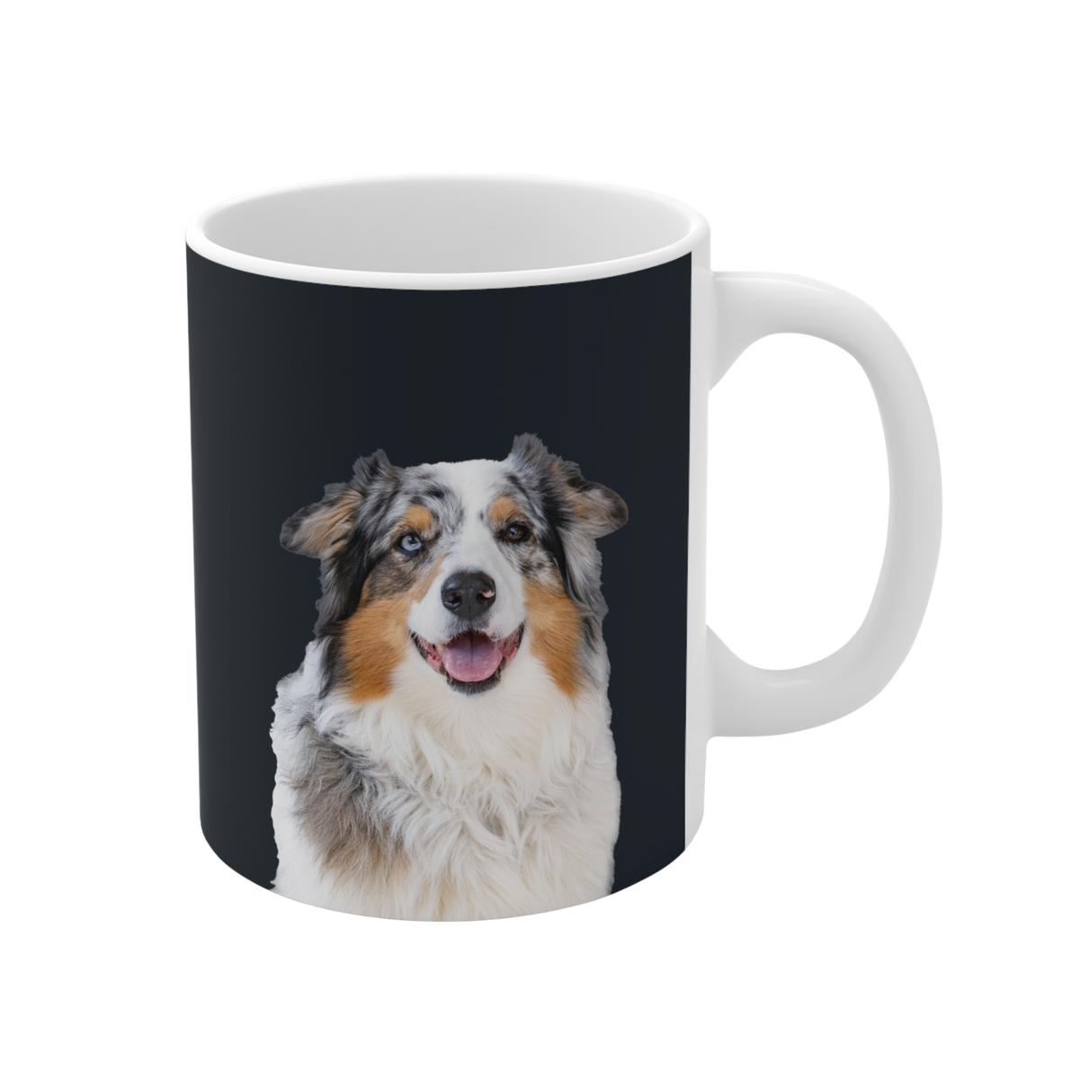 Mug with a colorful dog illustration on a black background