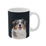 Mug with a colorful dog illustration on a black background