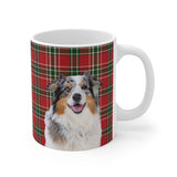 Custom 11oz ceramic mug with an Australian Shepherd photo cutout portrait on a red and green tartan plaid background[ChristmasPlaidImageCutOut]