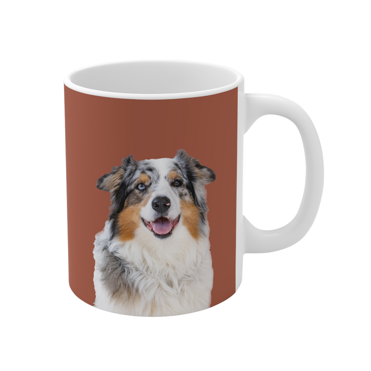 Mug with a dog illustration on a brown background