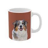 Mug with a dog illustration on a brown background
