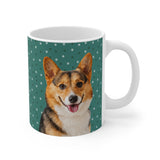 Custom 11oz ceramic mug with a corgi photo cutout portrait on a green background with small white paw prints[GreenPawsImageCutOut]