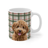 Custom 11oz ceramic mug with a curly goldendoodle photo cutout portrait on a cream flannel plaid background with green and red stripes[LightChristmasFlannelImageCutOut]