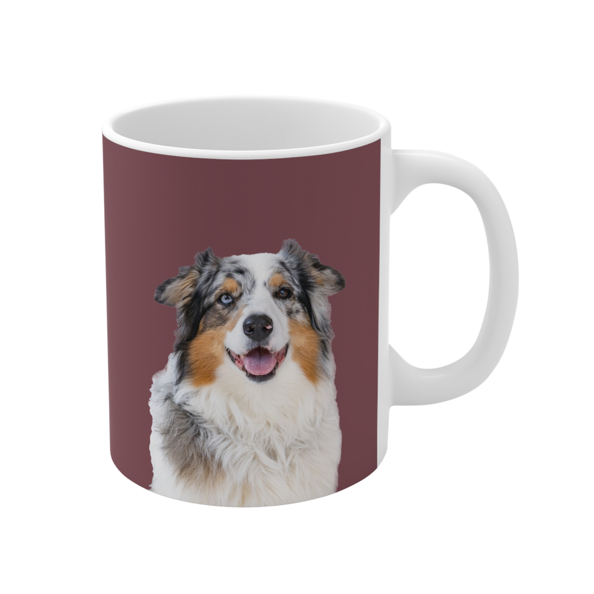 Mug with a dog illustration on a maroon background