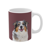 Mug with a dog illustration on a maroon background