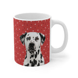 Custom 11oz ceramic mug with a Dalmatian photo cutout portrait on a red background with small white paw prints[RedPawsImageCutOut]