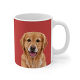 Custom 11oz ceramic mug with a golden retriever photo cutout portrait on a solid red background[SolidRedImageCutOut]