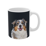 Mug with a colorful dog illustration on a black background