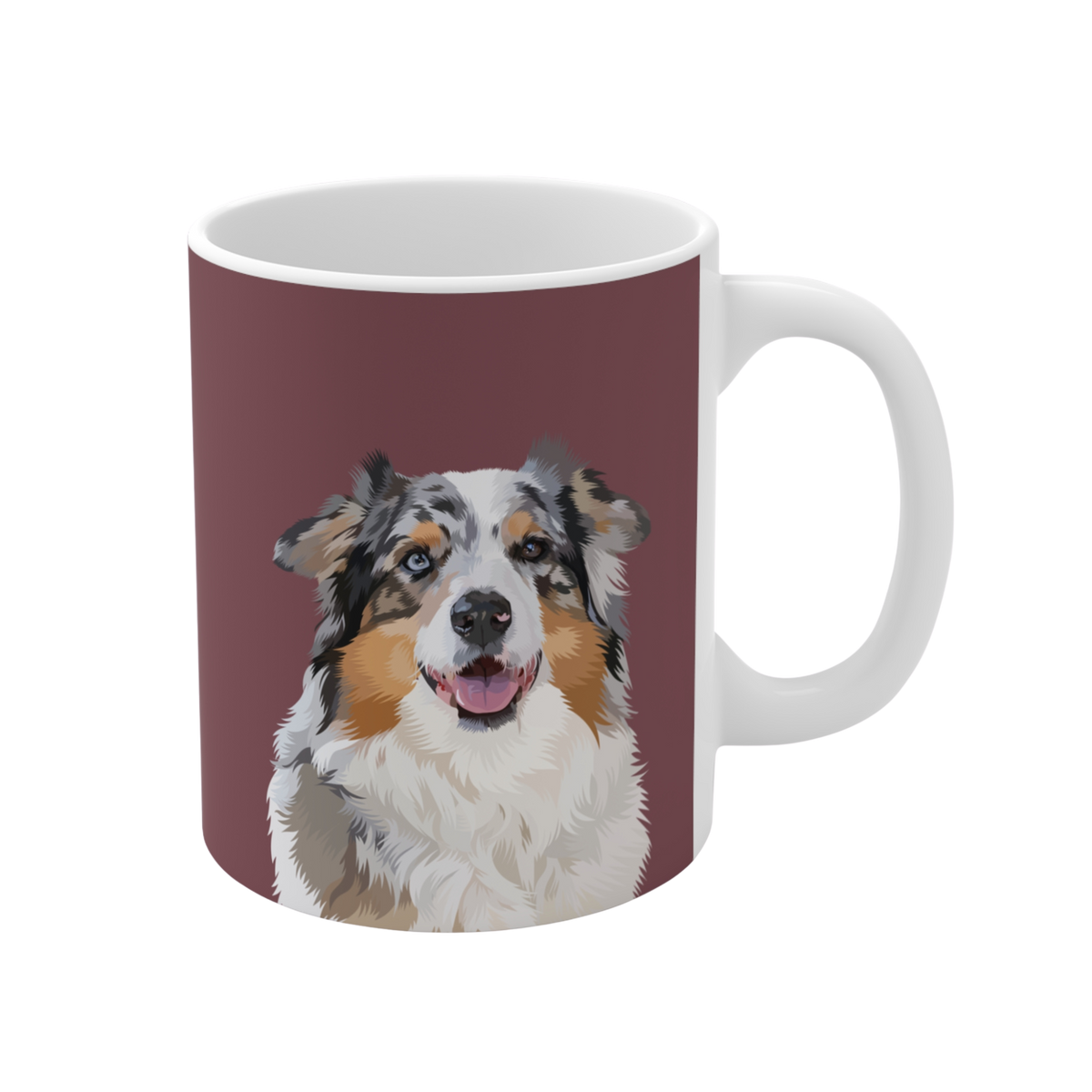 Mug with a dog illustration on a maroon background