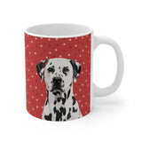 Custom 11oz ceramic mug with a Dalmatian hand illustration portrait on a red background with small white paw prints[RedPawsHandIllustration]