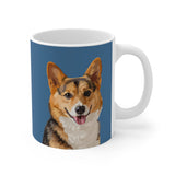 Custom 11oz ceramic mug with a corgi hand illustration portrait on a solid blue background[SolidBlueHandIllustration]