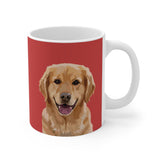 Custom 11oz ceramic mug with a golden retriever hand illustration portrait on a solid red background[SolidRedHandIllustration]