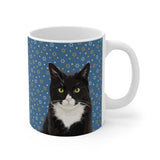 Custom 11oz ceramic mug with a tuxedo cat hand illustration portrait on a blue background with gold and white Stars of David[StarofDavidHandIllustration]