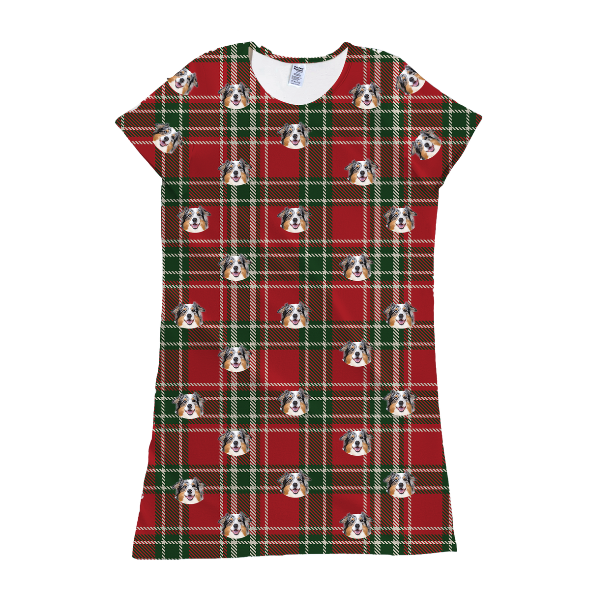 This is a nightgown in a Christmas Plaid print with repeating pet faces on it[ChristmasPlaidNightgown]